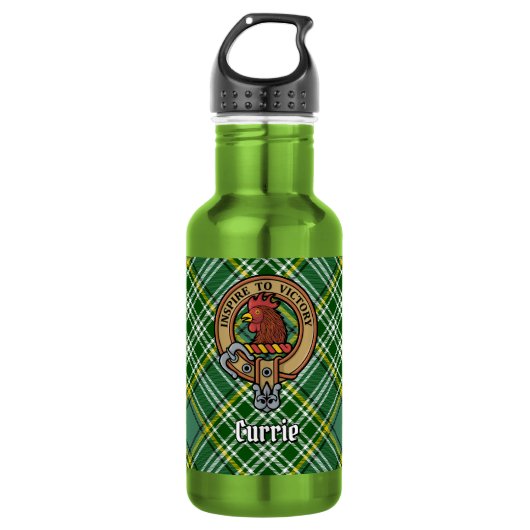 Clan Currie Haan Kam Crest over Tartan Waterfles (Voorkant)