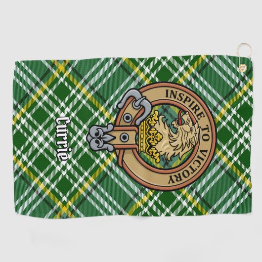 Clan Currie Lion Crest over Tartan Golfhanddoek (Horizontaal)