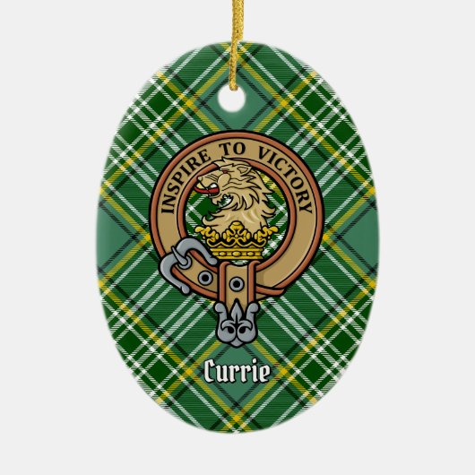 Clan Currie Lion Crest over Tartan Keramisch Ornament (Voorkant)