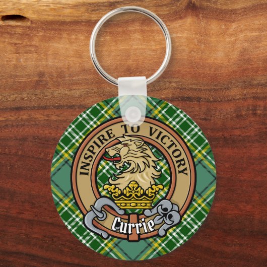 Clan Currie Lion Crest over Tartan Sleutelhanger (Voorkant)