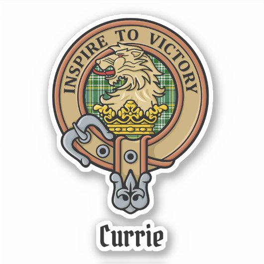 Clan Currie Lion Crest over Tartan Sticker (Voorkant)