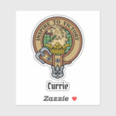 Clan Currie Lion Crest over Tartan Sticker (Vel)
