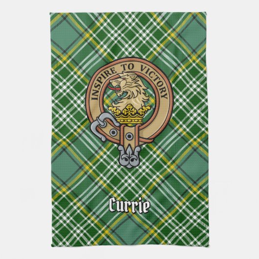 Clan Currie Lion Crest over Tartan Theedoek (Verticaal)