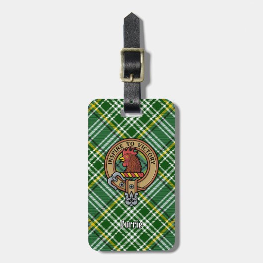 Clan Currie Rooster Crest over Tartan Bagagelabel (Voorkant verticaal)