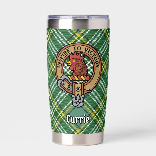 Clan Currie Rooster Crest over Tartan Geïsoleerde Drinkbeker (Voorkant)