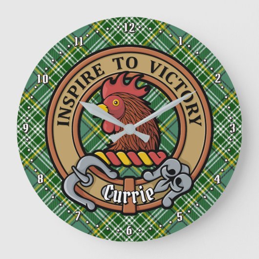 Clan Currie Rooster Crest over Tartan Grote Klok (Voorkant)