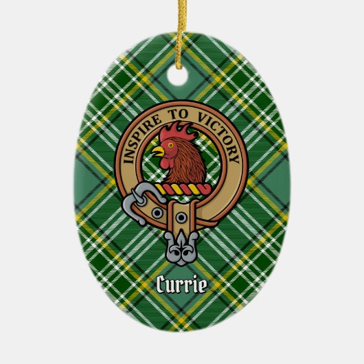 Clan Currie Rooster Crest over Tartan Keramisch Ornament (Voorkant)