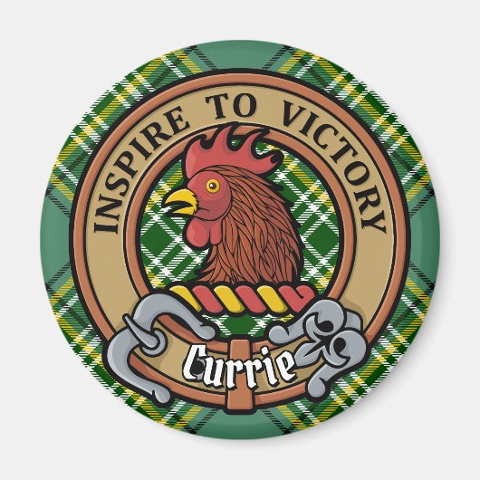 Clan Currie Rooster Crest over Tartan Magneet (Voorkant)