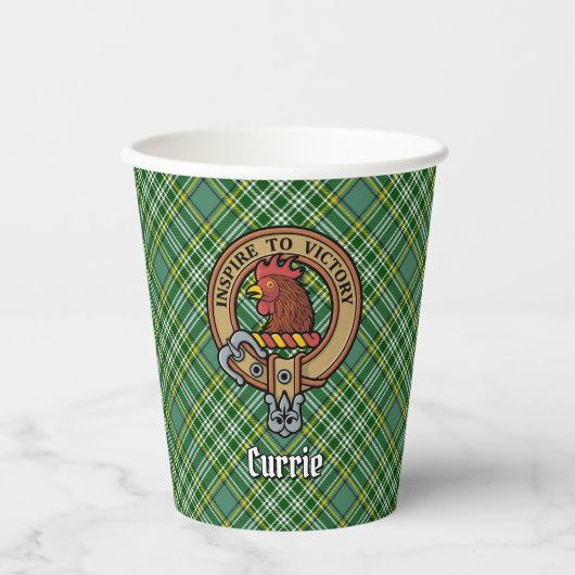 Clan Currie Rooster Crest over Tartan Papieren Bekers (Voorkant)