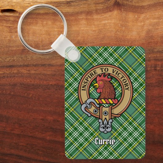 Clan Currie Rooster Crest over Tartan Sleutelhanger (Voorkant)