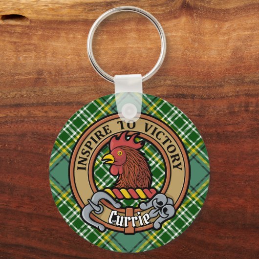 Clan Currie Rooster Crest over Tartan Sleutelhanger (Voorkant)