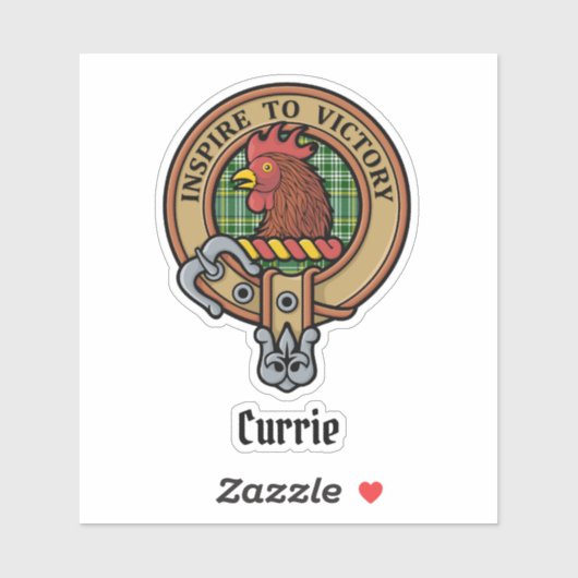 Clan Currie Rooster Crest over Tartan Sticker (Vel)