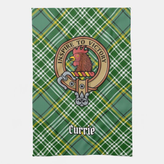 Clan Currie Rooster Crest over Tartan Theedoek (Verticaal)