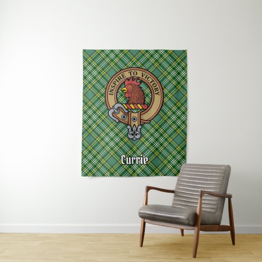 Clan Currie Rooster Crest over Tartan Wandkleed (In situ)