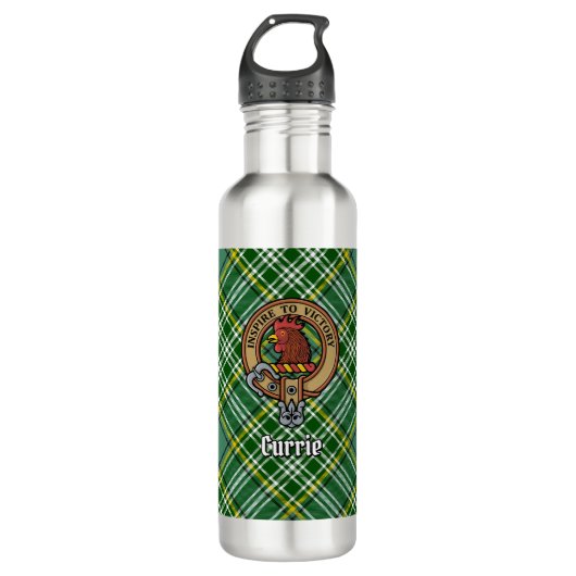 Clan Currie Rooster Crest over Tartan Waterfles (Voorkant)