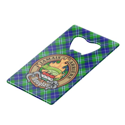Clan Douglas Crest over Tartan Creditkaart Flessenopener (Voorkant Gekanteld)