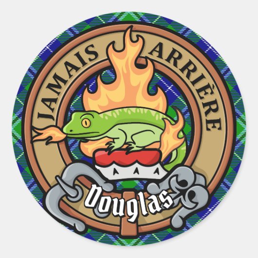 Clan Douglas Crest over Tartan Ronde Sticker (Voorkant)