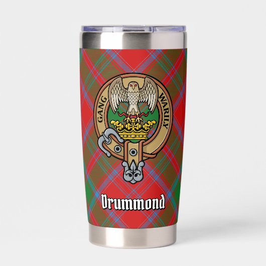 Clan Drummond Crest over Tartan Geïsoleerde Drinkbeker (Voorkant)