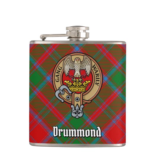 Clan Drummond Crest over Tartan Heupfles (Voorkant)