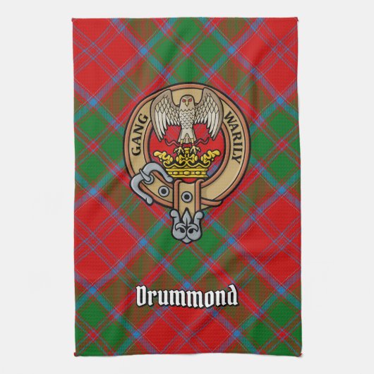 Clan Drummond Crest over Tartan Theedoek (Verticaal)