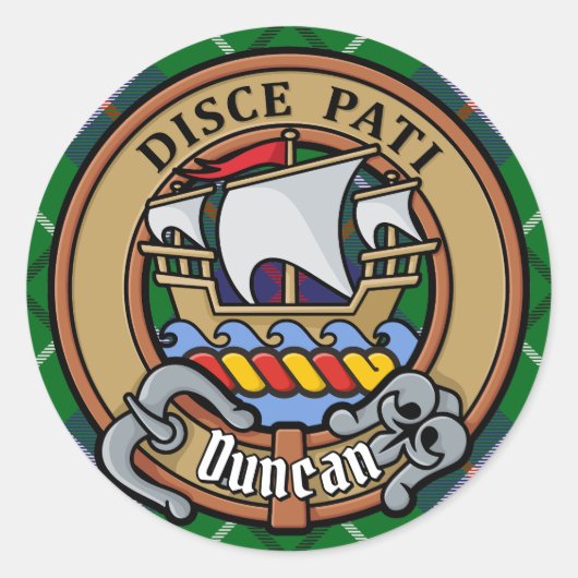 Clan Duncan Wapen over Tartan Ronde Sticker (Voorkant)
