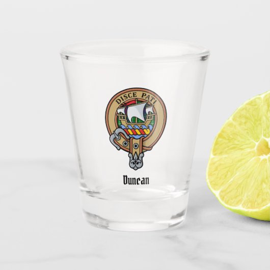 Clan Duncan Wapen over Tartan Shot Glas (Voorkant)
