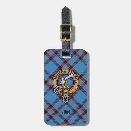Clan Elliot Crest over het oude Tartan Bagagelabel (Voorkant verticaal)