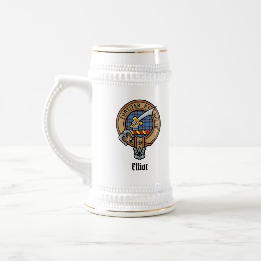 Clan Elliot Crest over het oude Tartan Beer Stein Bierpul (Links)