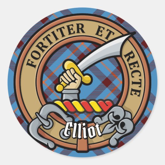Clan Elliot Crest over het oude Tartan Ronde Sticker (Voorkant)