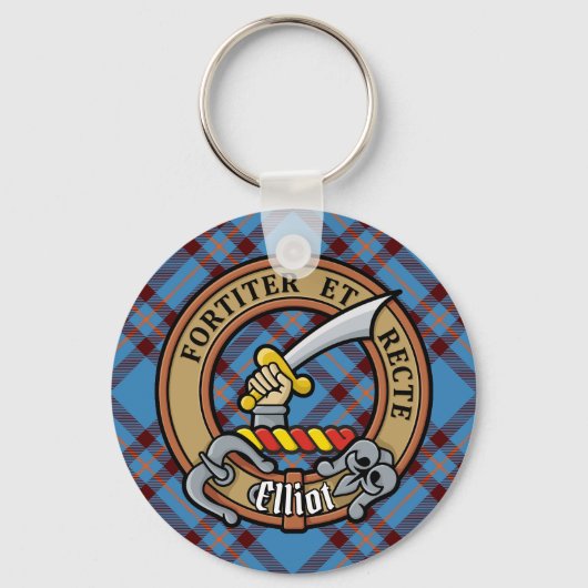 Clan Elliot Crest over het oude Tartan Sleutelhanger (Voorkant)