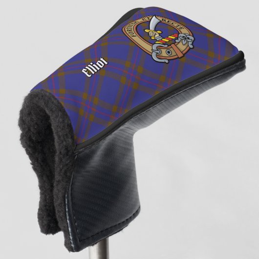 Clan Elliot Crest over Modern Tartan Golfheadcover (3/4 voorkant)