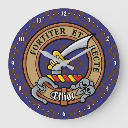 Clan Elliot Crest over Modern Tartan Grote Klok (Voorkant)