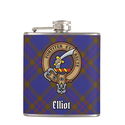 Clan Elliot Crest over Modern Tartan Heupfles (Voorkant)