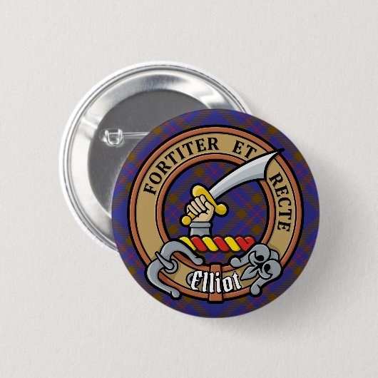 Clan Elliot Crest over Modern Tartan Ronde Button 5,7 Cm (Voorkant /achterkant)