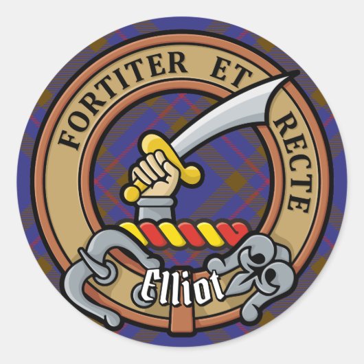 Clan Elliot Crest over Modern Tartan Ronde Sticker (Voorkant)