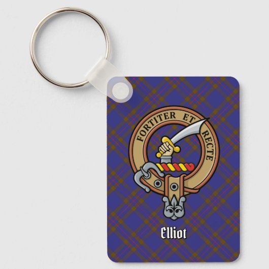 Clan Elliot Crest over Modern Tartan Sleutelhanger (Voorkant)
