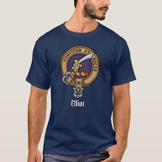 Clan Elliot Crest over Modern Tartan T-shirt (Voorkant)