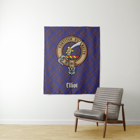 Clan Elliot Crest over Modern Tartan Wandkleed (In situ)