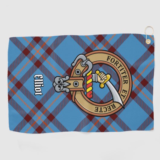 Clan Elliot Crest over oude Tartan Golf Handdoek (Horizontaal)