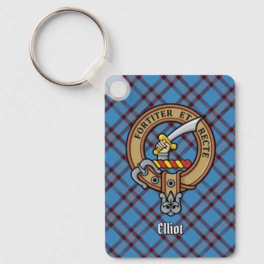 Clan Elliot Crest over oude Tartan Sleutelhanger (Voorkant)