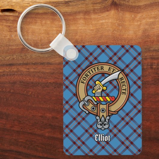 Clan Elliot Crest over oude Tartan Sleutelhanger (Voorkant)