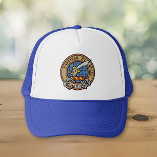 Clan Elliot Crest over oude Tartan Trucker Hoed Pet