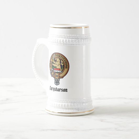 Clan Farquharson Crest over Tartan Beer Stein Bierpul (Voorkant links)