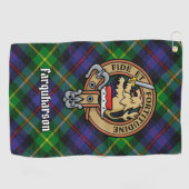 Clan Farquharson Crest over Tartan Golf Handdoek (Horizontaal)