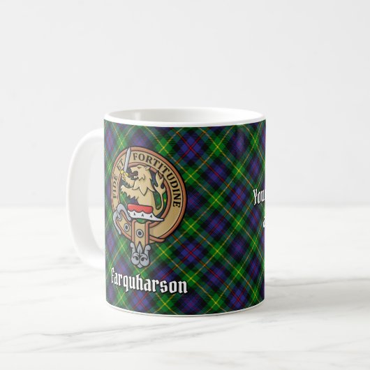 Clan Farquharson Crest over Tartan Koffiemok (Voorkant links)