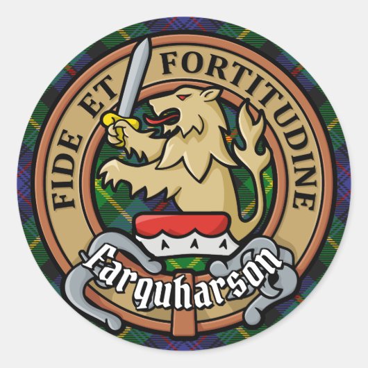 Clan Farquharson Crest over Tartan Ronde Sticker (Voorkant)