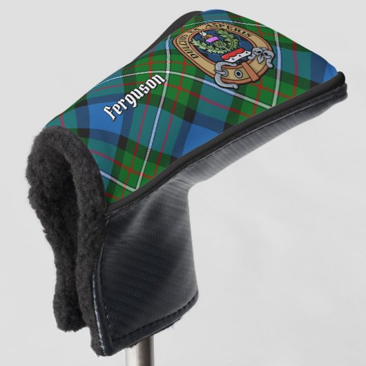 Clan Ferguson Crest over Tartan Golf Head Hoesje Golfheadcover (3/4 voorkant)