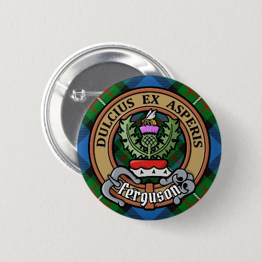 Clan Ferguson Crest over Tartan Ronde Button 5,7 Cm (Voorkant /achterkant)