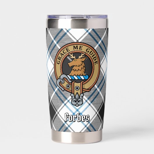 Clan Forbes Crest over jurk Tartan Geïsoleerde Drinkbeker (Voorkant)