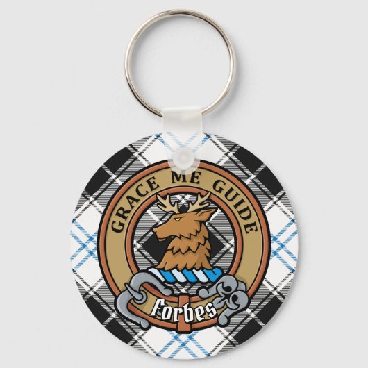 Clan Forbes Crest over jurk Tartan Sleutelhanger (Voorkant)